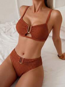 Swim Chiccia 2026春夏橙色粗肩带可调节金色U型装饰高腰亮片设计女士优雅比基尼泳衣两件套 - 橘色 - 查看 1