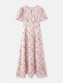 lacRébo Đầm maxi màu hồng nhạt in hoa, tay phồng, chi tiết khoét ngực phía trước và eo ôm sát, kiểu dáng thanh lịch lấy cảm hứng từ phong cách cổ điển. - Hồng - Xem 7