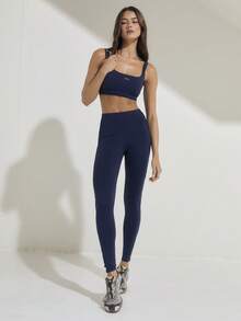 Aralina Áo croptop hai dây cổ vuông, cạp cao, viền ren, ôm sát cơ thể, bộ đồ tập thể dục mùa hè cho nữ, quần legging tập gym. - Màu xanh hải quân - Xem 1