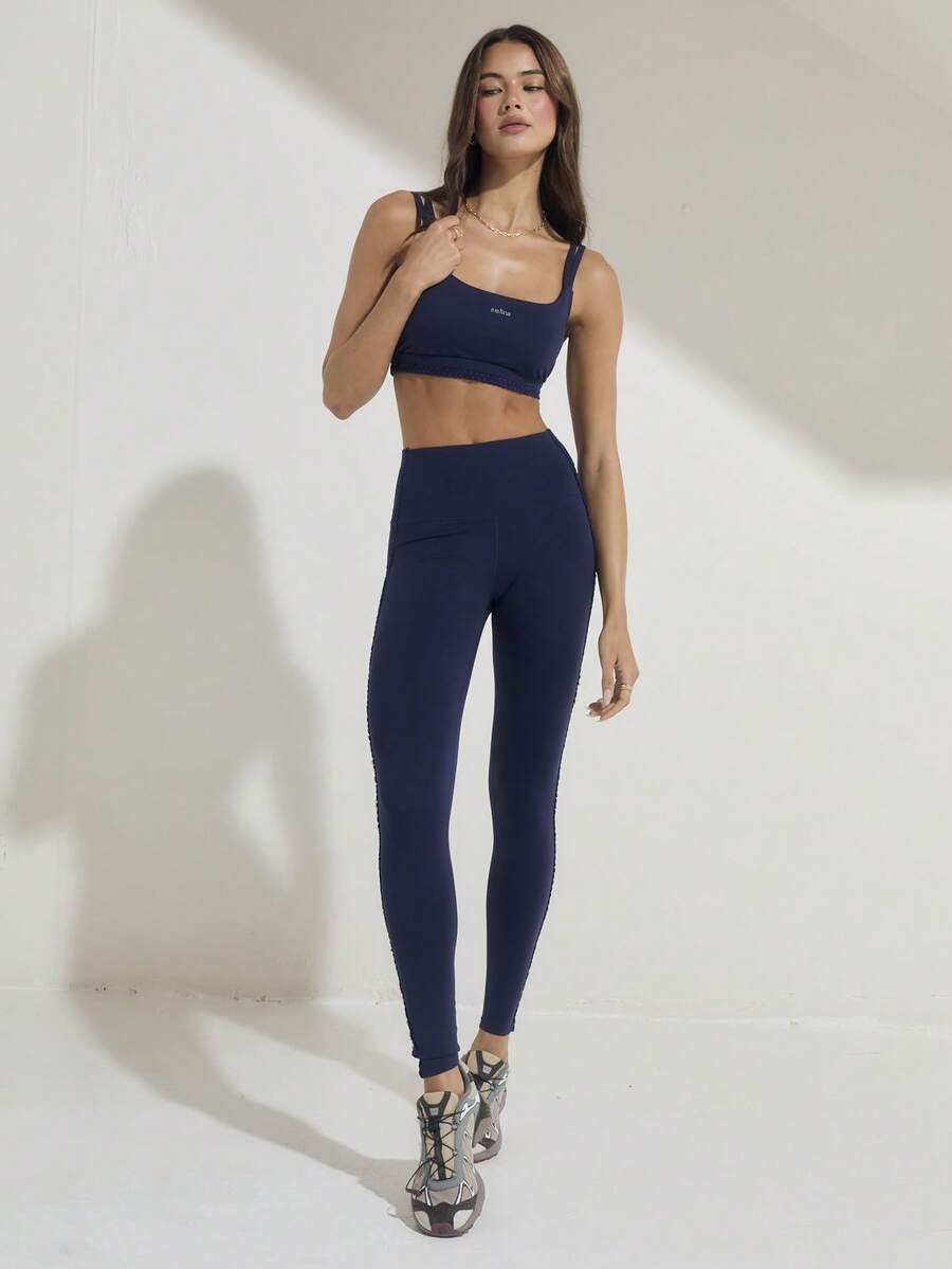 Aralina Áo croptop hai dây cổ vuông, cạp cao, viền ren, ôm sát cơ thể, bộ đồ tập thể dục mùa hè cho nữ, quần legging tập gym. - Màu xanh hải quân - Xem 1