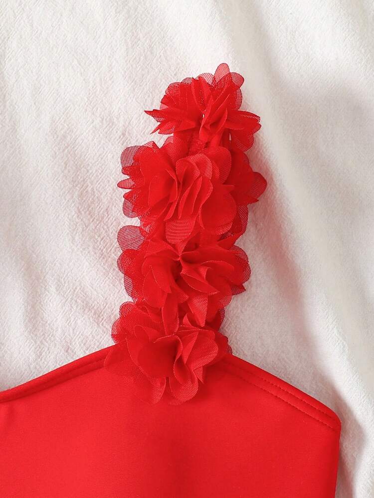 SHEIN Tween Girl 3D Floral One-Piece Swimsuit Girls Pink Bow Swimsuit Girls Striped Swimsuit One Piece Swimsuit Girls Pink One Piece Swimsuit Girls Swimwear - Red - View 8