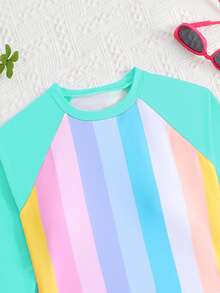 SHEIN 2件套少女彩色竖条纹速干舒适针织面料沙滩装套装，适合海滩、泳池、海边、冲浪、度假、夏季旅行 - 彩色 - 查看 4