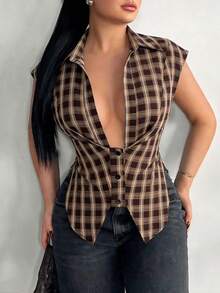 SHEIN SXY Camisa de cuello bajo y cintura con estampado de cuadros de moda y sexy para el verano - Marrón - Ver 3