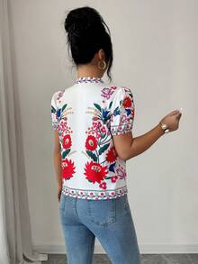 SHEIN Elenzya Elegant Vacation Style Printed Keyhole Neck Petal Sleeve Blouse, Summer - Multicolor - View 2