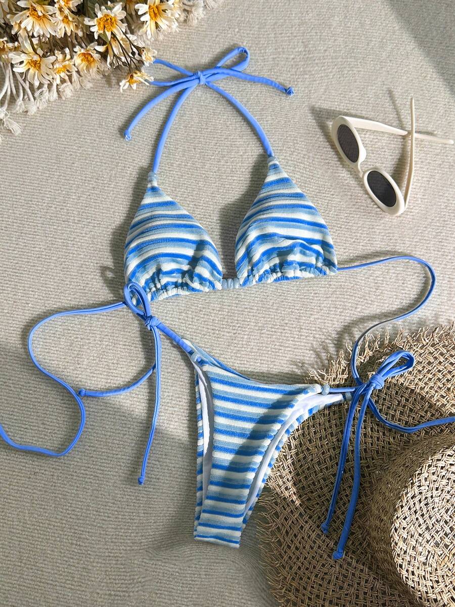 Swim Mod 26SS 夏季海滩度假浅蓝色条纹串珠可爱条纹比基尼两件套 - 藍色 - 查看 1