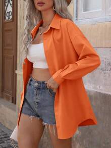 SHEIN Clasi 女士纯色落肩长袖单排扣休闲宽松衬衫 - 亮橙色 - 查看 5