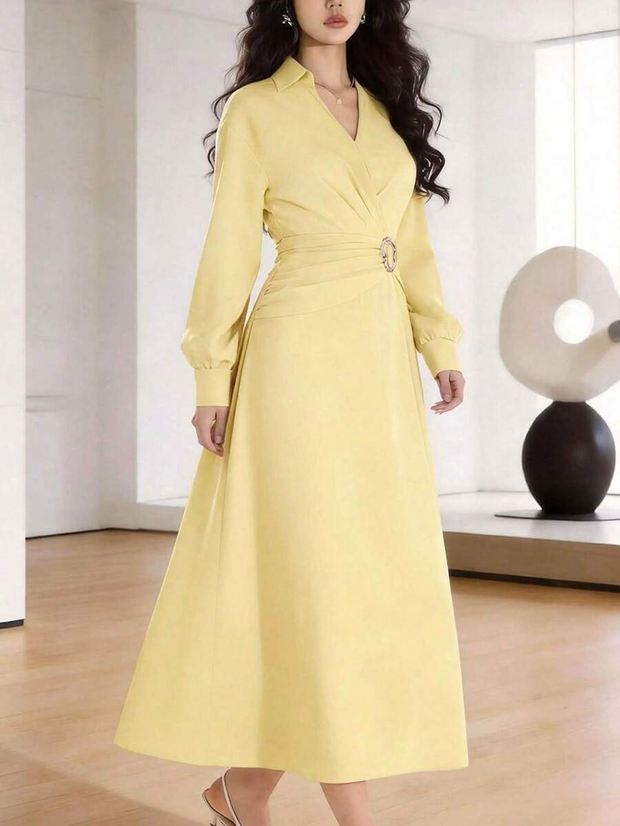 Heiryn 女士纯色腰部褶裥设计长袖优雅中长连衣裙 - 鵝黃色 - 查看 1