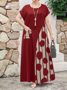 EMERY ROSE Plus Size Contrast Color Printed Patchwork Long Vacation Casual Dress,Spring Outfits For Women,Tropical Vacation Woman Clothes - Burgundy - View 4