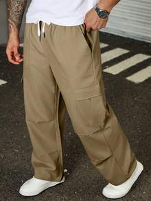 Manfinity Homme Plus Size Men's Casual Solid Color Straight Leg Cargo Pants - Khaki - View 5