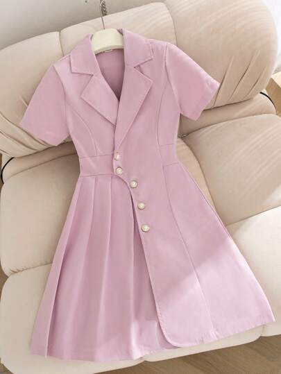 SHEIN 1 pieza Vestido elegante para niñas, nuevo blazer de primavera/verano de color rosa sólido con cuello, manga corta, cintura asimétrica, ajuste delgado, tela suave tejida, diseño de cárdigan de cuello en V, elegante para fiesta, uso diario, ir al trabajo