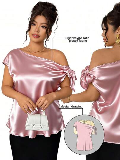 Cravure Blouse sans manches asymétrique avec nœud en satin pour femmes grandes tailles, élégante et polyvalente pour le brunch, le travail, les fêtes et les vacances, rose
