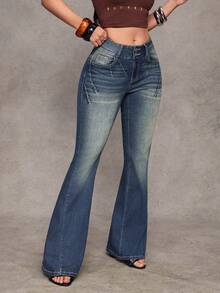 Jeanoix Women's Casual Washed Low-Waist Flare Jeans - Blue - View 6