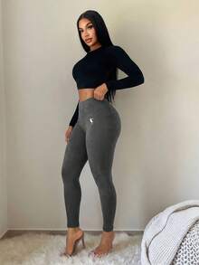 SHEIN SXY Women's Casual Sports Daily Commute Versatile Knight Embroidery Leggings - Dark Grey - View 7