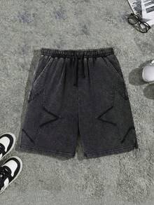 Tween Boys' Street Life Black Summer Casual Star Pattern Drawstring Waist Pocket Shorts,Snowflake Texture Fabric,Suitable For School,Vacations - Black - View 5