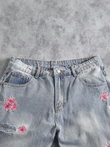 Manfinity ZONE917 男士街头时尚梅花刺绣水洗阔腿牛仔裤 - 淺色水洗藍 - 查看 5