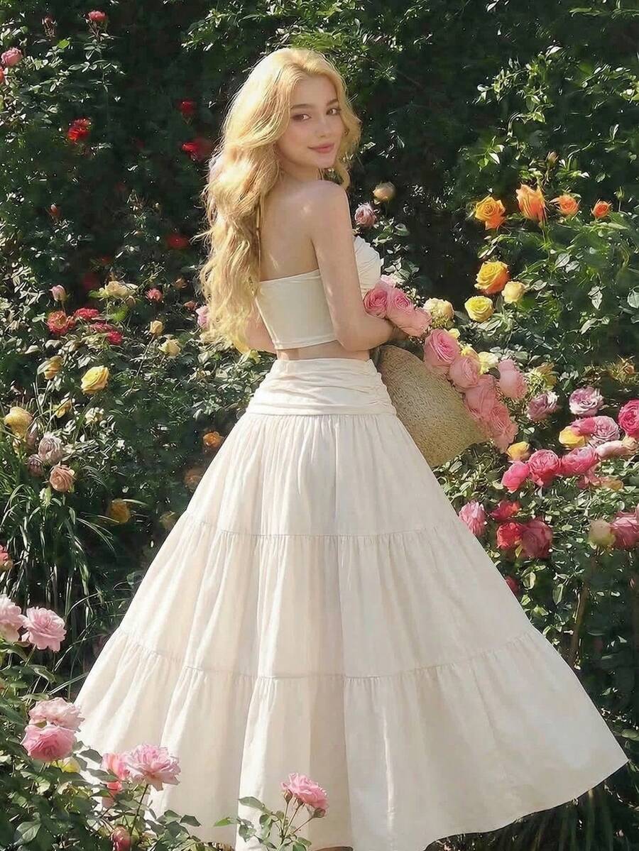 SHEIN MOD Women's Apricot Twist Bandeau Top And Skirt Set,Casual ,Beach Outfit,Going Out, Summer Outfits,Spring Break Outfits ,Vacation Outfits ,Country Outfits,Tea Party ,Festival,Beach Set