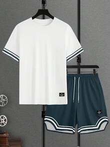 Manfinity Homme 男士圆领短袖T恤搭配抽绳短裤，休闲日常穿搭 - 彩色 - 查看 4