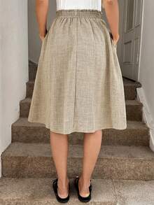 Easowa 蓝色牛仔效果A字裙，宽松版型，适合女性，秋季款 - 卡其色 - 查看 3