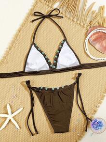 Swim SXY Bộ bikini gợi cảm, thoải mái, kiểu dáng yếm buộc dây, hở lưng, thắt nơ bên hông, đính hạt cườm, chất liệu vải bóng, thích hợp cho nữ, thích hợp mặc đi biển. - màu nâu - Xem 2