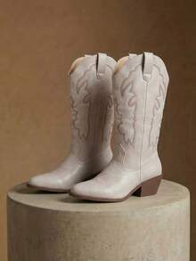 Styleloop Women's Dark Punk Gothic Embroidered Western Boots, Brown Low Heel Rivet Leather Mid-Calf Boots - Khaki Leather - View 1