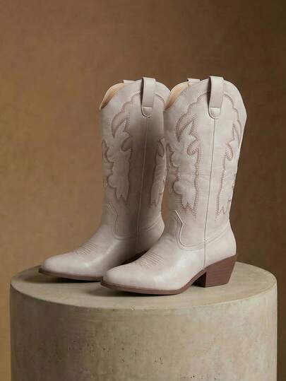 Styleloop Women's Dark Punk Gothic Embroidered Western Boots, Brown Low Heel Rivet Leather Mid-Calf Boots