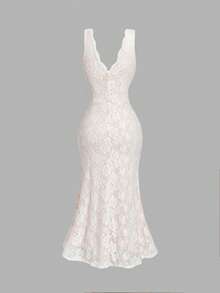 SHEIN MOD 优雅蕾丝修身美人鱼中长连衣裙，夏季 - 白色 - 查看 5