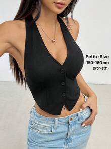 SHEIN PETITE Top sin mangas de verano de color liso con escote en la espalda y cuello colgante para damas - Negro - Ver 1