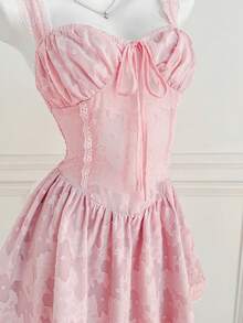 Elamini 女士甜美可爱休闲时尚日常百搭无袖蕾丝拼接收腰镂空迷你连衣裙，春夏款 - 粉色 - 查看 7