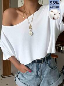 SHEIN EZwear 女士休闲露肩短款宽松短袖T恤，适合夏季穿着 - 白色 - 查看 6