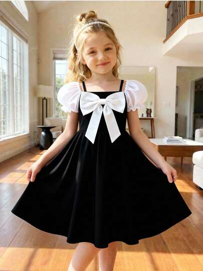 1 Stück Tween Mädchen Farbblock Schleife Trägerkleid mit engem Sitz