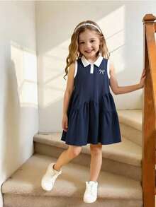 1件少女蝴蝶结刺绣Polo衫领褶皱下摆无袖连衣裙 - 藏蓝色 - 查看 3