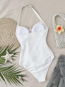 SHEIN 少女连体泳衣，度假款露背V领花卉金属扣白色针织纹理连体裤 - 杏色 - 查看 4