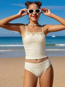 SHEIN Teen Girl Summer Textured Tank Top And Briefs Set - Perfect For Beach, Poolside, And Leisure Vacations In Spring/Summer - Apricot - View 10