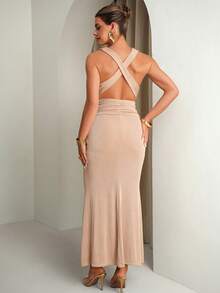 MaterniChic Maternity Dress For Gender Reveal Party, Summer Elegant Peach Solid Color Deep V-Neck Cross-Back Fitted Silhouette High Elastic Comfortable - Apricot - View 2