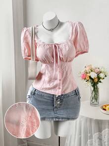 Sweetra Áo kiểu nữ cỡ lớn phong cách Pháp cổ điển lãng mạn, tay phồng, màu trắng, thêu ren, phối nhiều mảnh, ôm sát, kiểu tay đèn lồng, thích hợp cho các dịp thường ngày, công sở, du lịch, đi học, tiệc sinh nhật, lễ hội âm nhạc, ngày Valentine, mùa xuân/hè. - Hồng - Xem 4