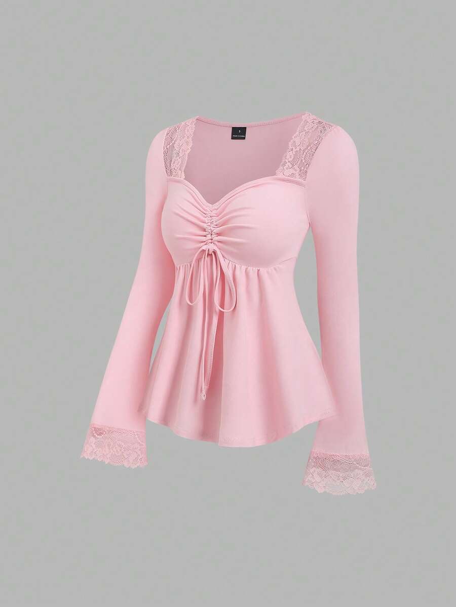 Sweetra Y2K Sexy Patchwork Versatile Loose Fit Long Sleeve T-Shirt, Suitable For Commuting In Autumn - Pink - View 1