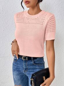 EMERY ROSE Women's Round-Neck Solid Color Short-Sleeved Knitted Top For Summer For New Year Clothes - Baby Pink - View 4