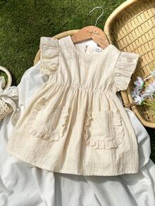 Vintaside Kids Baby Girls' Summer Beige Sweet Fresh Jacquard Ruffle Hem A-Line Dress, Loose Fit, Suitable For Daily Outings, Casual Trips, Family Gatherings, Birthday Parties - Multicolor - View 4
