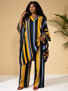 Plus Size V-Neck Batwing Sleeve Striped Loose 2 Pieces Set,Summer/Spring/Vacation - Multicolor - View 4
