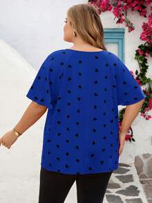 SHEIN CURVE+ Áo thun cỡ lớn CURVE PLUS /Ngày Valentine/Áo thun mùa xuân và mùa hè xếp bèo hình trái tim, Áo thun ngày Valentine - Màu xanh lam - Xem 3