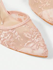 CUCCOO HITCHD 女士尖头高跟镂空粉色蕾丝蝴蝶结贴花优雅浪漫透气婚礼派对高跟鞋 - 粉色 - 查看 12