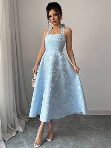 Selianne Romantic Jacquard Tie Waist A-Line Dress - Baby Blue - View 3