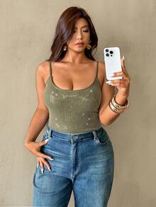 Auralis Plus Size Women's Lace & Sequin Splice Camisole,Army Green,Summer,70's,Night Out Club,Party,Y2K High Street Form-Fitting Vest For Music Festival - Army Green - View 2