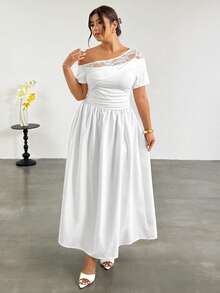 Firerie Plus Size Women's Contrast Lace Asymmetric Neck Short Sleeve Elegant White Dress,Summer Casual Zanzea Wedding,Party & Graduation Dress For Women - White - View 8
