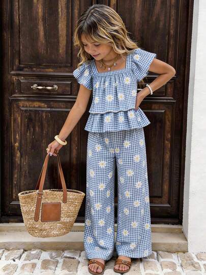 Elladie kids 2pcs/Set Toddler Girls' Cute Sweet Daisy Floral Print Square Collar Puff Sleeve Top + Elegant Casual Wide Leg Pants Outfit Girls Summer Outfit Sets Girls Holiday Co Ord Retro Outfit For Kids Spring Outfits For Girls Two Piece For Girls Girls Two Piece Outfits Kids Summer Outfits For Girls Little Girl Outfit Sets Kids Clothes For Girl