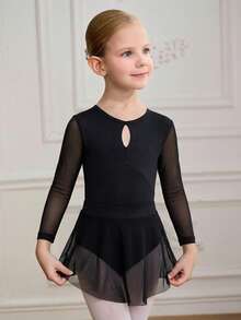 Young Girls White Long Sleeve Ballet Leotard + Skirt Set, High Stretch Snug Fit Activewear Dance Training Outfit - Black - View 4