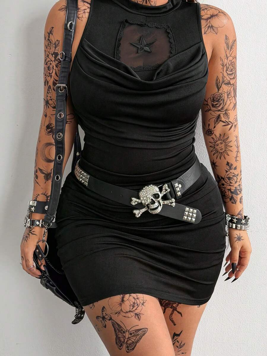 SHEIN Whyspr Plus Size Women Sleeveless Slim Fit Dark Goth Style Plunging Neckline Dress - Black - View 1