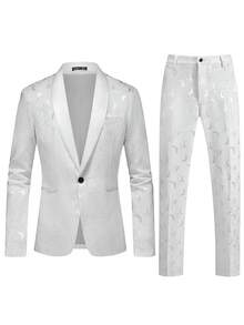 Manfinity AFTRDRK 男士提花披肩领长袖外套和裤子套装 - 白色 - 查看 3