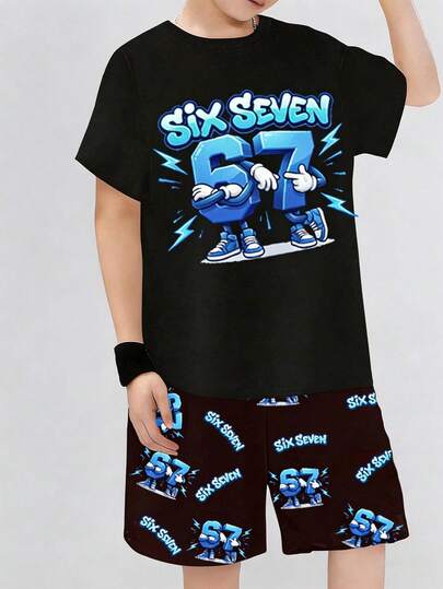 6-7岁男童趣味街头风短袖圆领T恤带口袋短裤套装