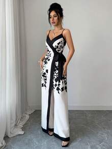 Selianne Women's Casual Floral Print Backless Camisole Wrap-Style Tie-Waist Wide Leg Jumpsuit - Multicolor - View 3